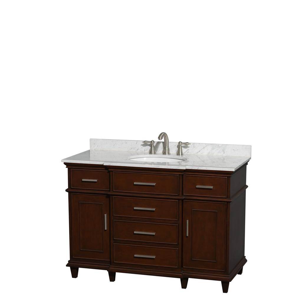 Wyndham Collection Berkeley 48 Inch Single Bathroom Vanity in Dark Chestnut with White Carrara Marble Top with White Undermount Oval Sink and No Mirror
