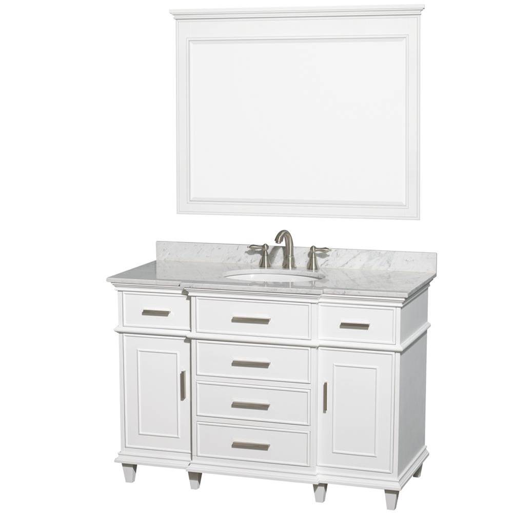 Wyndham Collection Berkeley 48 Inch Single Bathroom Vanity in White with White Carrara Marble Top with White Undermount Oval Sink and 44 Inch Mirror