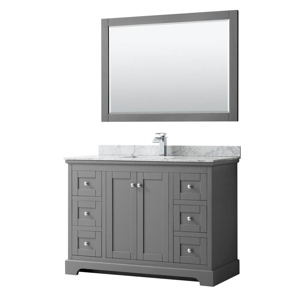 Wyndham Collection Avery 48 Inch Single Bathroom Vanity in Dark Gray, White Carrara Marble Countertop, Undermount Square Sink, and 46 Inch Mirror