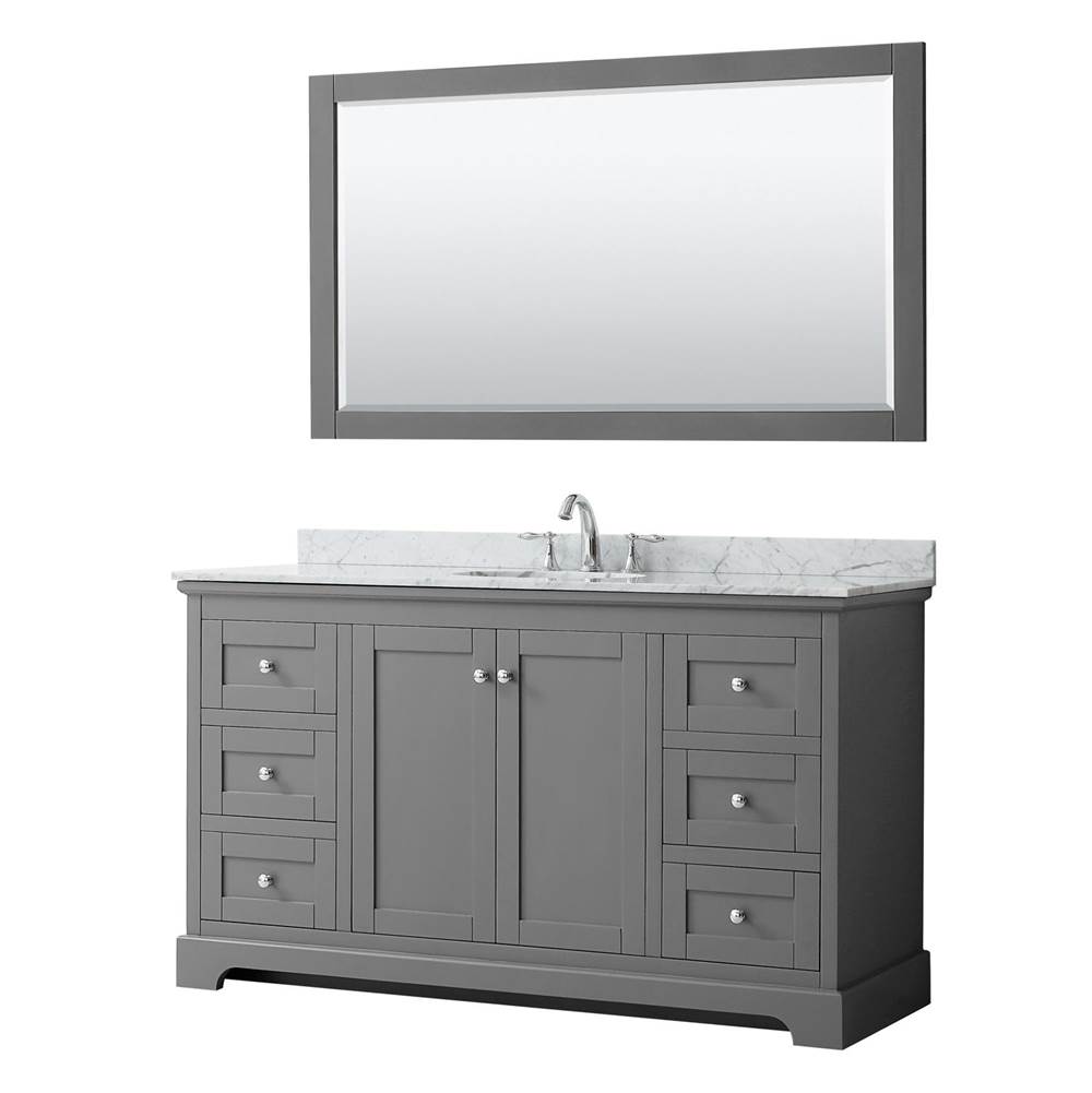 Wyndham Collection Avery 60 Inch Single Bathroom Vanity in Dark Gray, White Carrara Marble Countertop, Undermount Oval Sink, and 58 Inch Mirror
