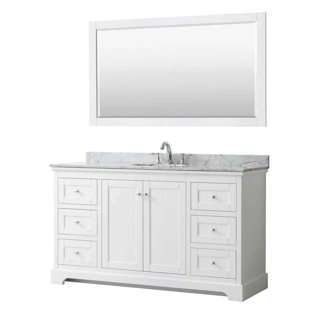 Wyndham Collection Avery 60 Inch Single Bathroom Vanity in White, White Carrara Marble Countertop, Undermount Oval Sink, and 58 Inch Mirror