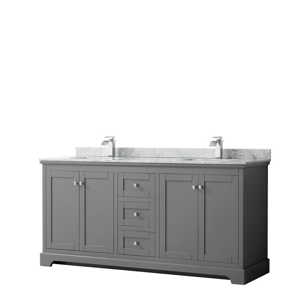 Wyndham Collection Avery 72 Inch Double Bathroom Vanity in Dark Gray, White Carrara Marble Countertop, Undermount Square Sinks, and No Mirror