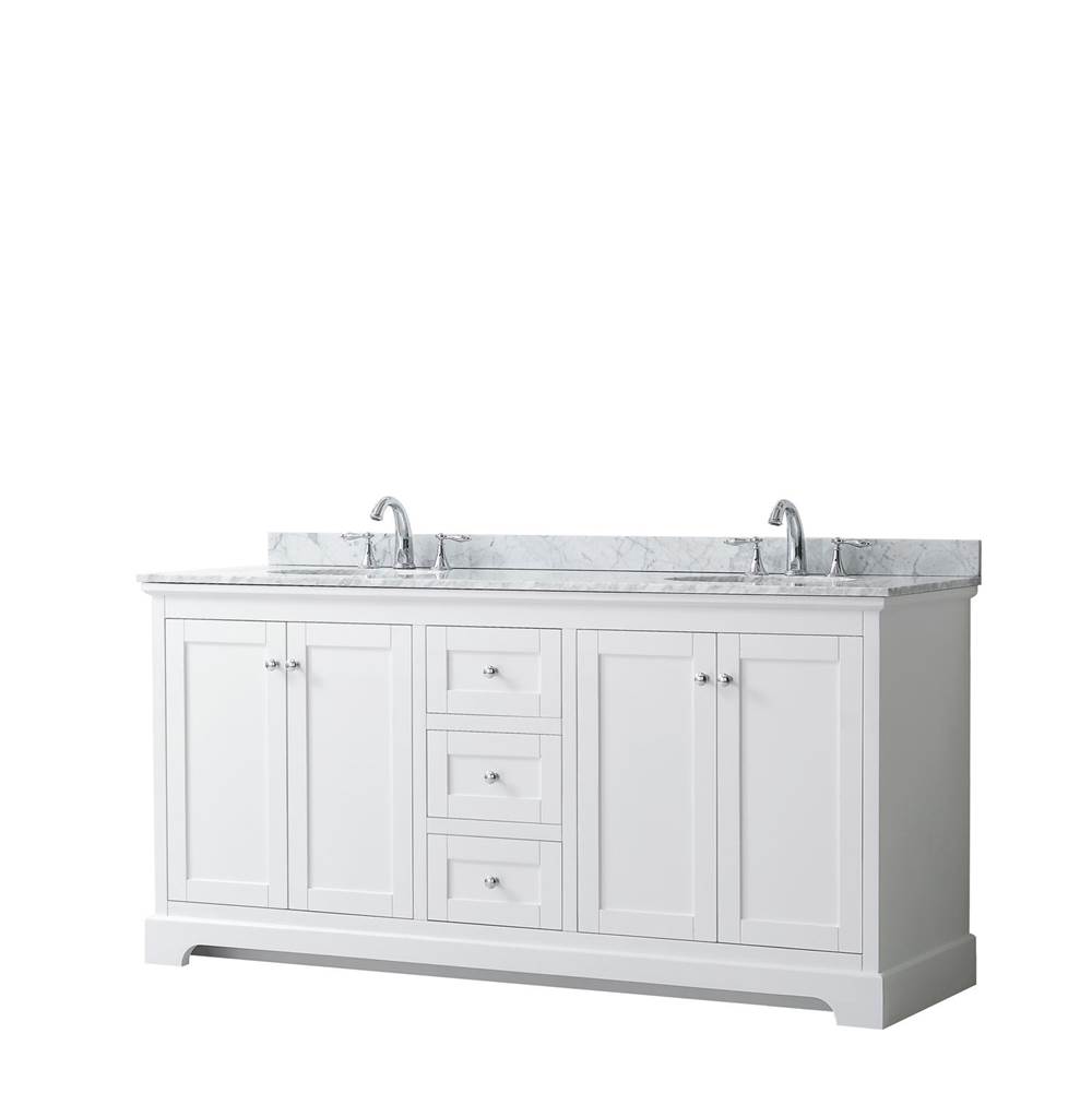 Wyndham Collection Avery 72 Inch Double Bathroom Vanity in White, White Carrara Marble Countertop, Undermount Oval Sinks, and No Mirror