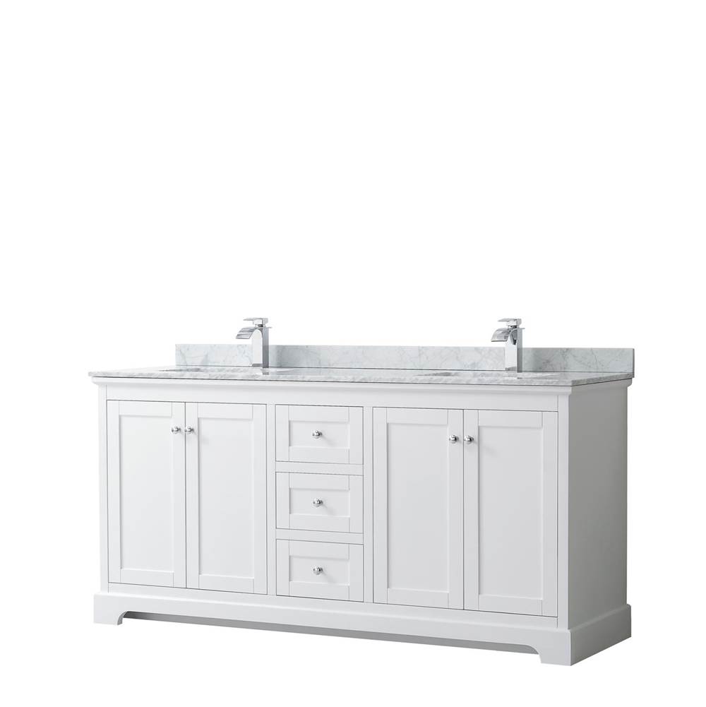 Wyndham Collection Avery 72 Inch Double Bathroom Vanity in White, White Carrara Marble Countertop, Undermount Square Sinks, and No Mirror
