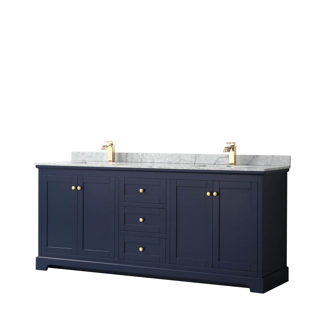Wyndham Collection Avery 80 Inch Double Bathroom Vanity in Dark Blue, White Carrara Marble Countertop, Undermount Square Sinks, and No Mirror