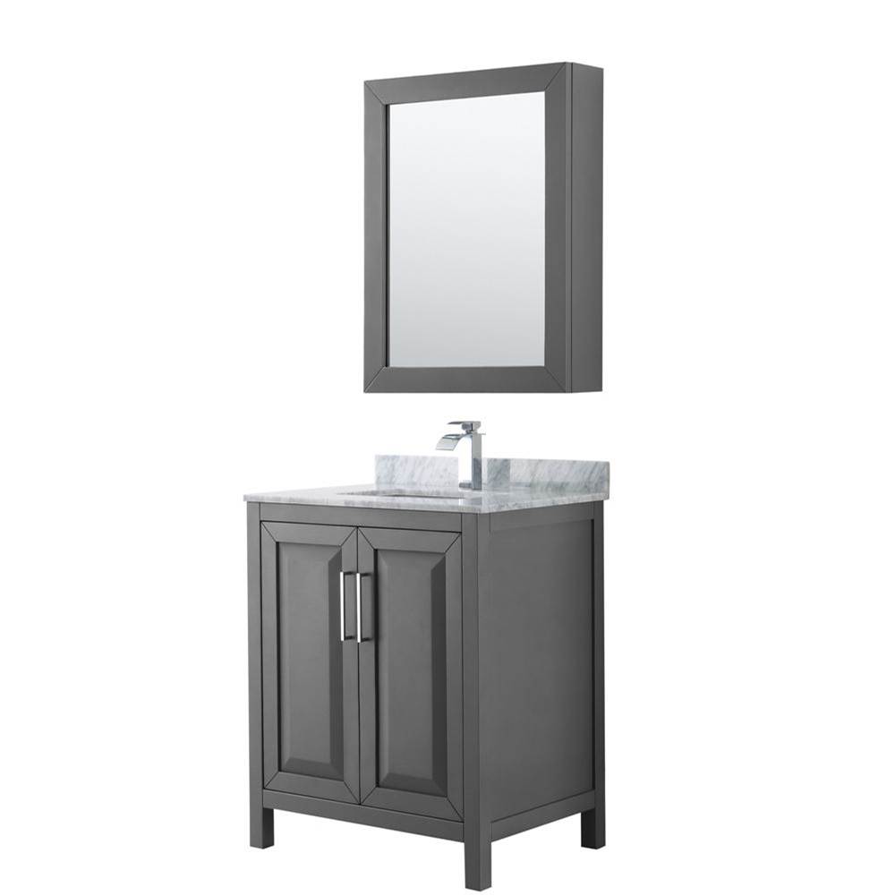 Wyndham Collection Daria 30 Inch Single Bathroom Vanity in Dark Gray, White Carrara Marble Countertop, Undermount Square Sink, and Medicine Cabinet