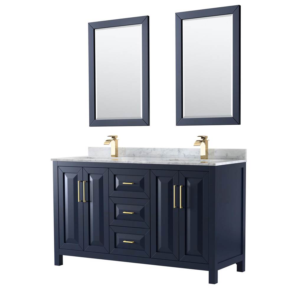 Wyndham Collection Daria 60 Inch Double Bathroom Vanity in Dark Blue, White Carrara Marble Countertop, Undermount Square Sinks, 24 Inch Mirrors