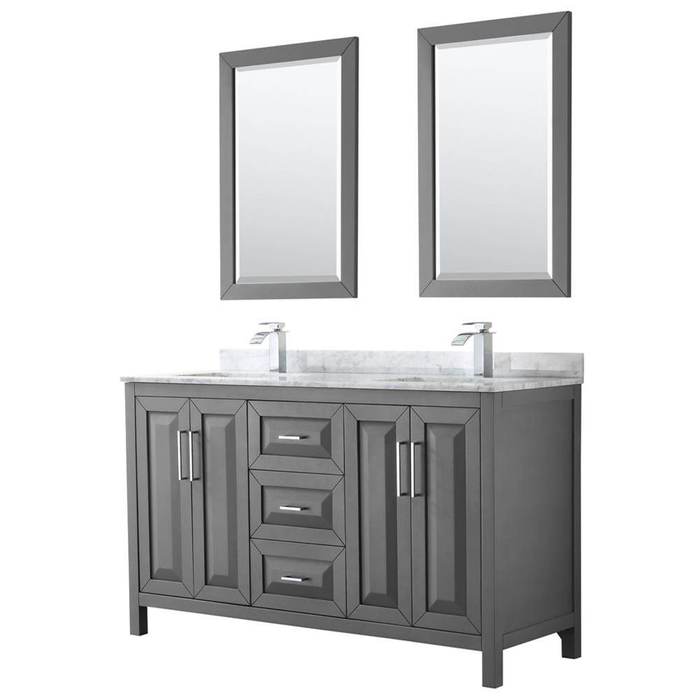 Wyndham Collection Daria 60 Inch Double Bathroom Vanity in Dark Gray, White Carrara Marble Countertop, Undermount Square Sinks, and 24 Inch Mirrors