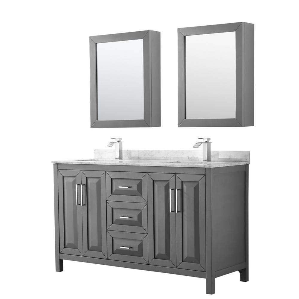 Wyndham Collection Daria 60 Inch Double Bathroom Vanity in Dark Gray, White Carrara Marble Countertop, Undermount Square Sinks, and Medicine Cabinets