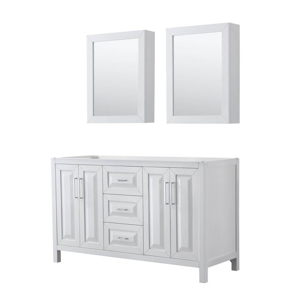 Wyndham Collection Daria 60 Inch Double Bathroom Vanity in White, No Countertop, No Sink, and Medicine Cabinets