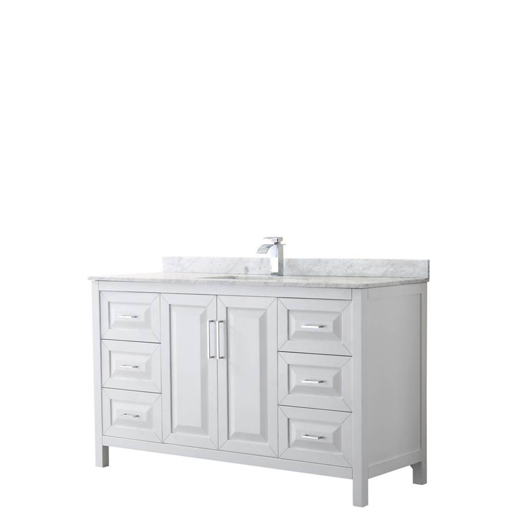 Wyndham Collection Daria 60 Inch Single Bathroom Vanity in White, White Carrara Marble Countertop, Undermount Square Sink, and No Mirror