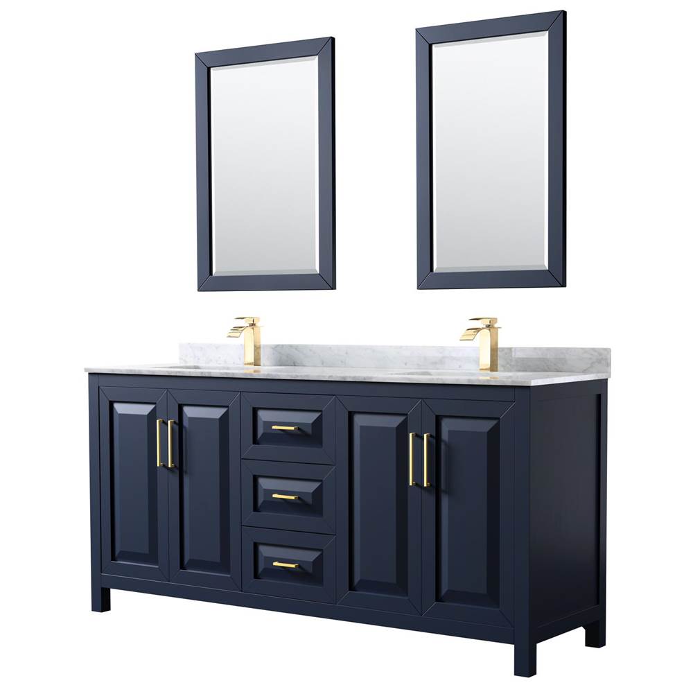 Wyndham Collection Daria 72 Inch Double Bathroom Vanity in Dark Blue, White Carrara Marble Countertop, Undermount Square Sinks, 24 Inch Mirrors