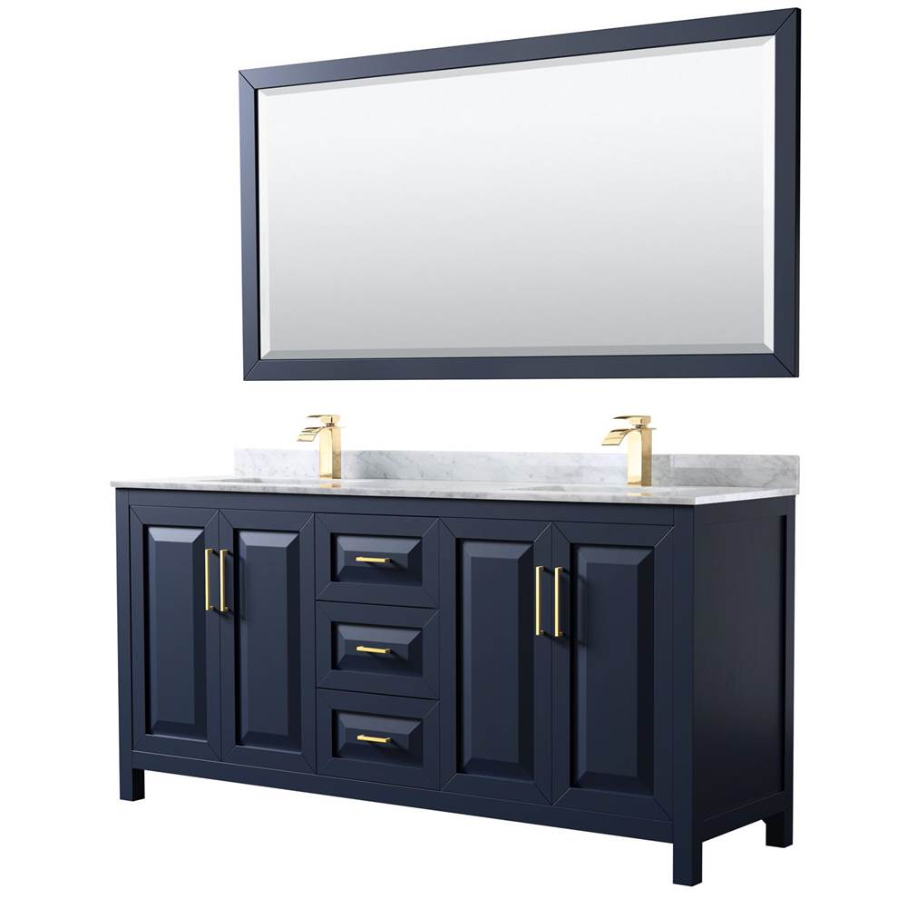 Wyndham Collection Daria 72 Inch Double Bathroom Vanity in Dark Blue, White Carrara Marble Countertop, Undermount Square Sinks, 70 Inch Mirror