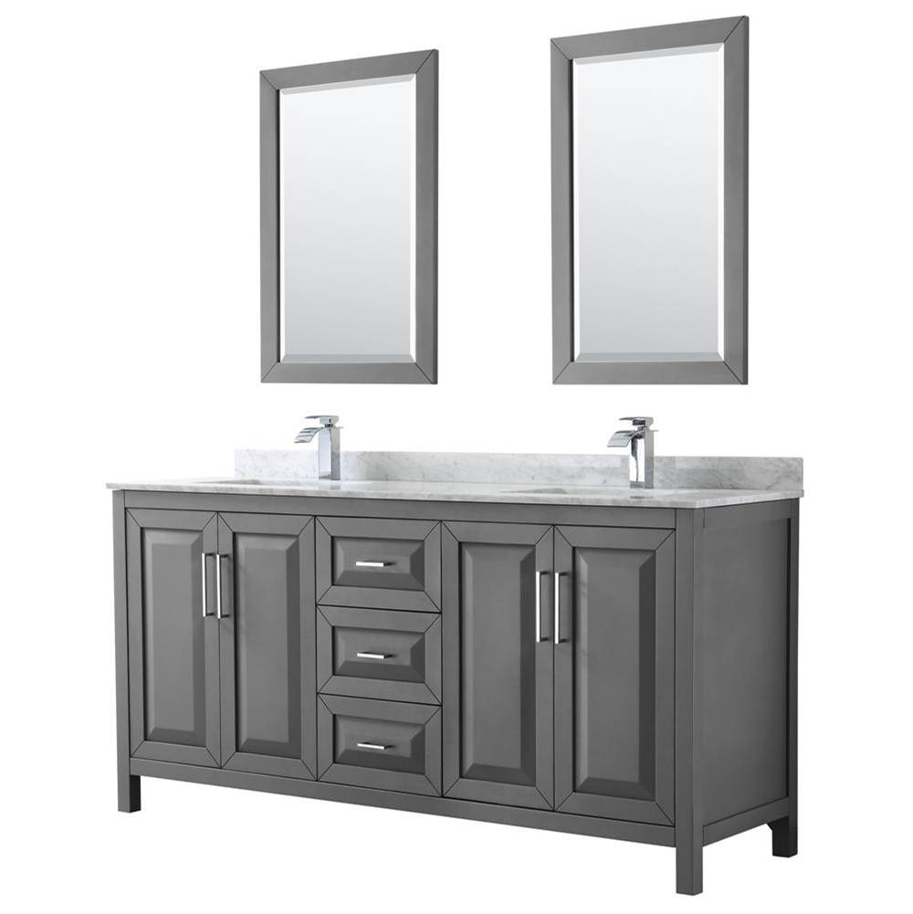 Wyndham Collection Daria 72 Inch Double Bathroom Vanity in Dark Gray, White Carrara Marble Countertop, Undermount Square Sinks, and 24 Inch Mirrors