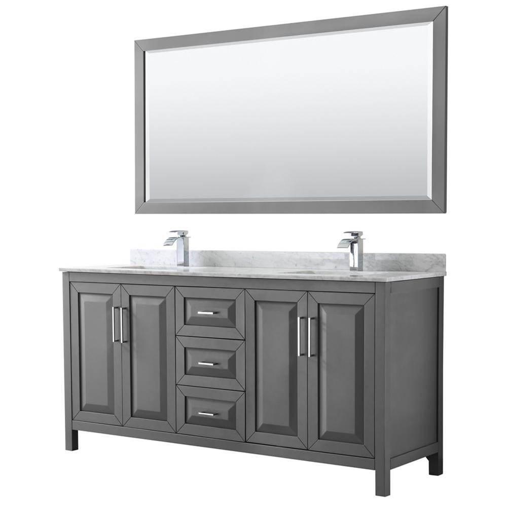 Wyndham Collection Daria 72 Inch Double Bathroom Vanity in Dark Gray, White Carrara Marble Countertop, Undermount Square Sinks, and 70 Inch Mirror