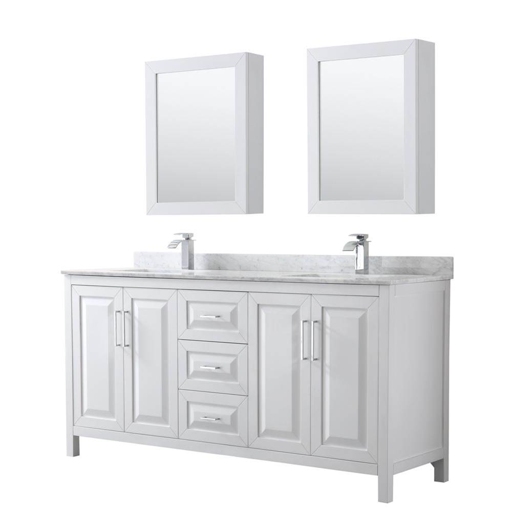 Wyndham Collection Daria 72 Inch Double Bathroom Vanity in White, White Carrara Marble Countertop, Undermount Square Sinks, and Medicine Cabinets
