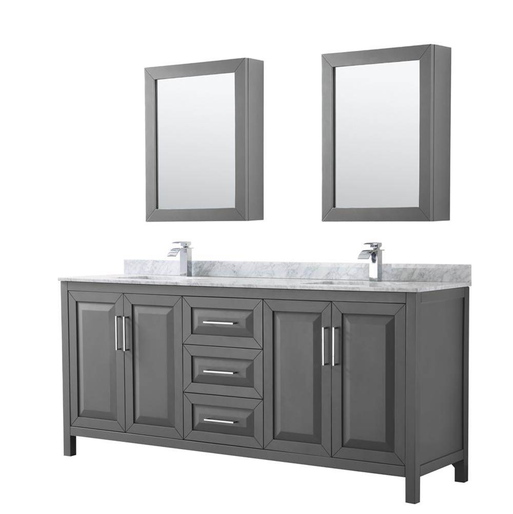Wyndham Collection Daria 80 Inch Double Bathroom Vanity in Dark Gray, White Carrara Marble Countertop, Undermount Square Sinks, and Medicine Cabinets