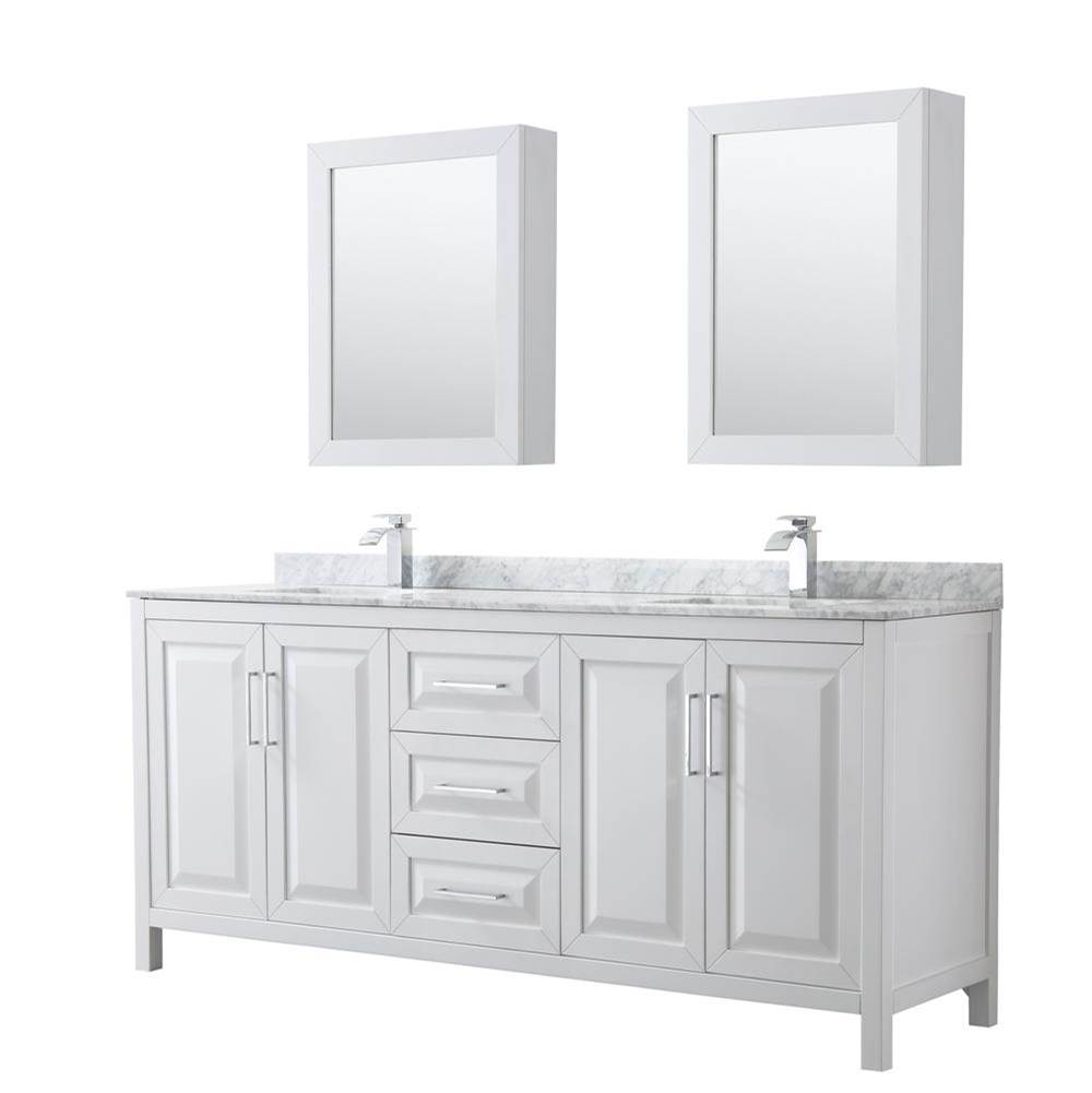 Wyndham Collection Daria 80 Inch Double Bathroom Vanity in White, White Carrara Marble Countertop, Undermount Square Sinks, and Medicine Cabinets
