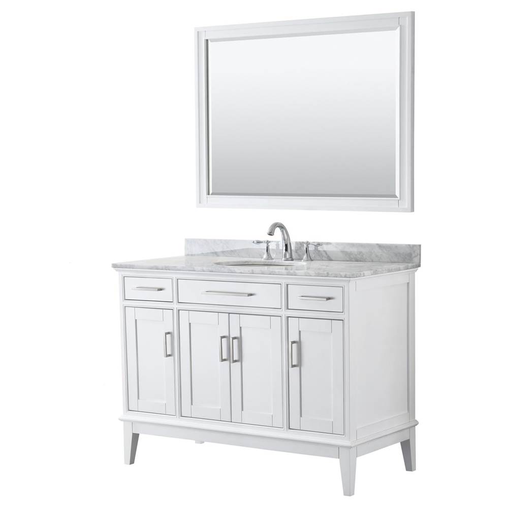 Wyndham Collection Margate 48 Inch Single Bathroom Vanity in White, White Carrara Marble Countertop, Undermount Oval Sink, and 44 Inch Mirror
