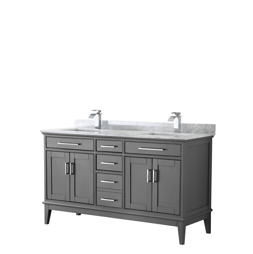 Wyndham Collection Margate 60 Inch Double Bathroom Vanity in Dark Gray, White Carrara Marble Countertop, Undermount Square Sinks, and No Mirror