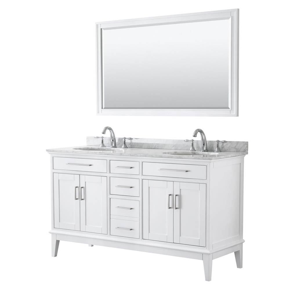 Wyndham Collection Margate 60 Inch Double Bathroom Vanity in White, White Carrara Marble Countertop, Undermount Oval Sinks, and 56 Inch Mirror