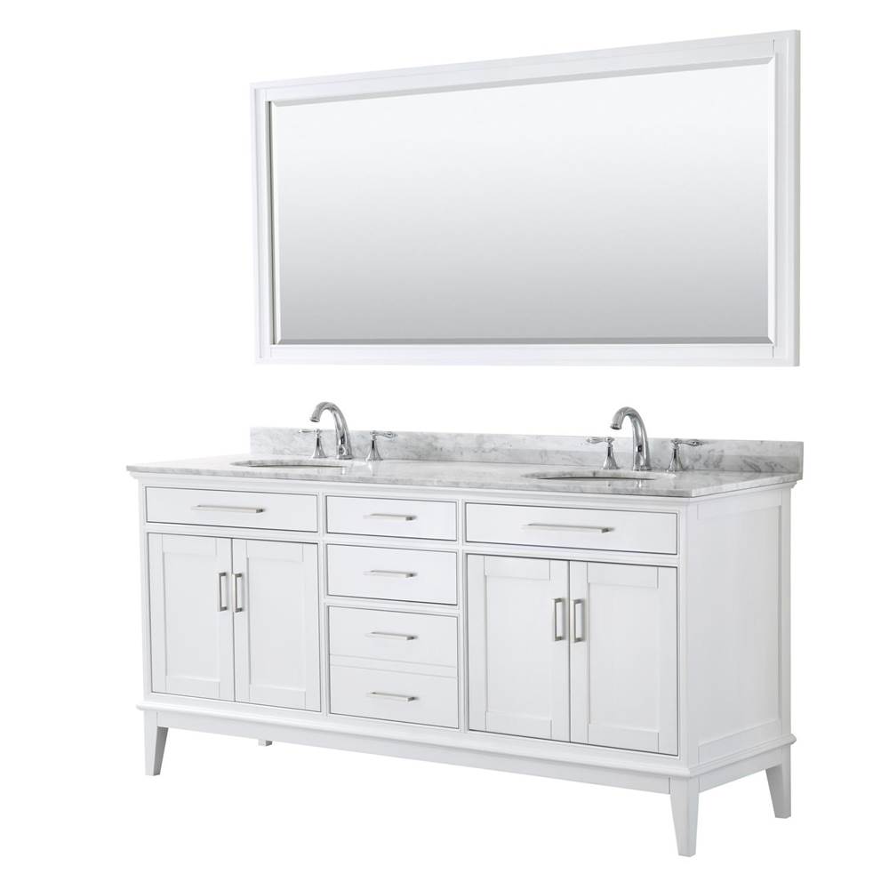 Wyndham Collection Margate 72 Inch Double Bathroom Vanity in White, White Carrara Marble Countertop, Undermount Oval Sinks, and 70 Inch Mirror