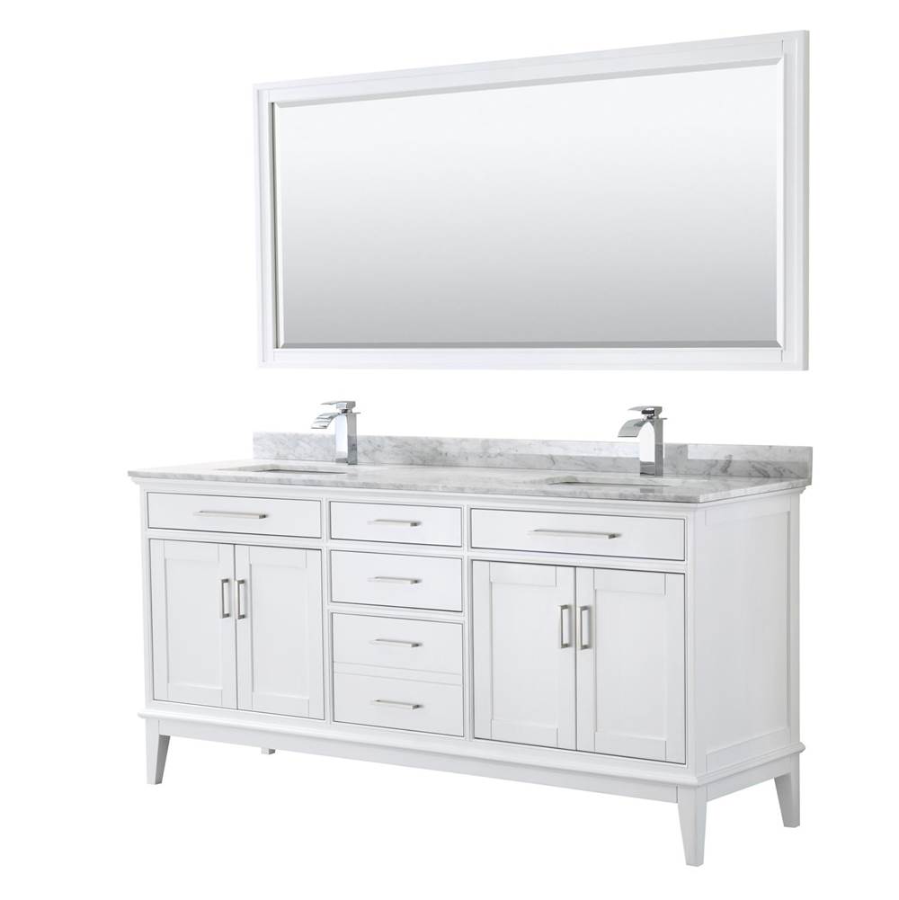 Wyndham Collection Margate 72 Inch Double Bathroom Vanity in White, White Carrara Marble Countertop, Undermount Square Sinks, and 70 Inch Mirror