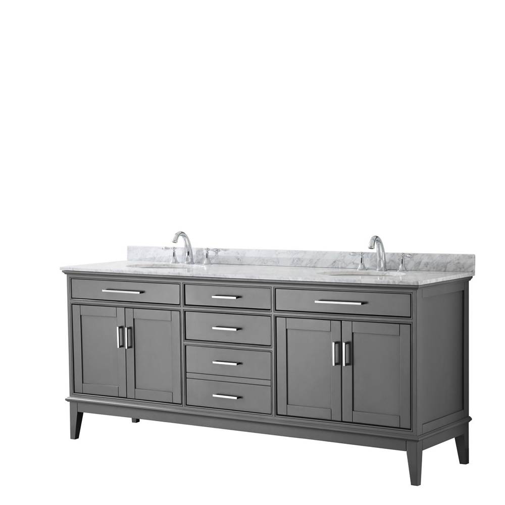 Wyndham Collection Margate 80 Inch Double Bathroom Vanity in Dark Gray, White Carrara Marble Countertop, Undermount Oval Sinks, and No Mirror