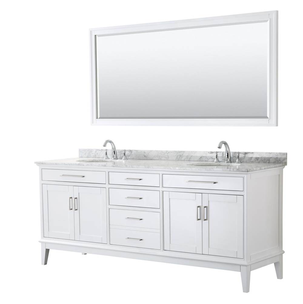 Wyndham Collection Margate 80 Inch Double Bathroom Vanity in White, White Carrara Marble Countertop, Undermount Oval Sinks, and 70 Inch Mirror