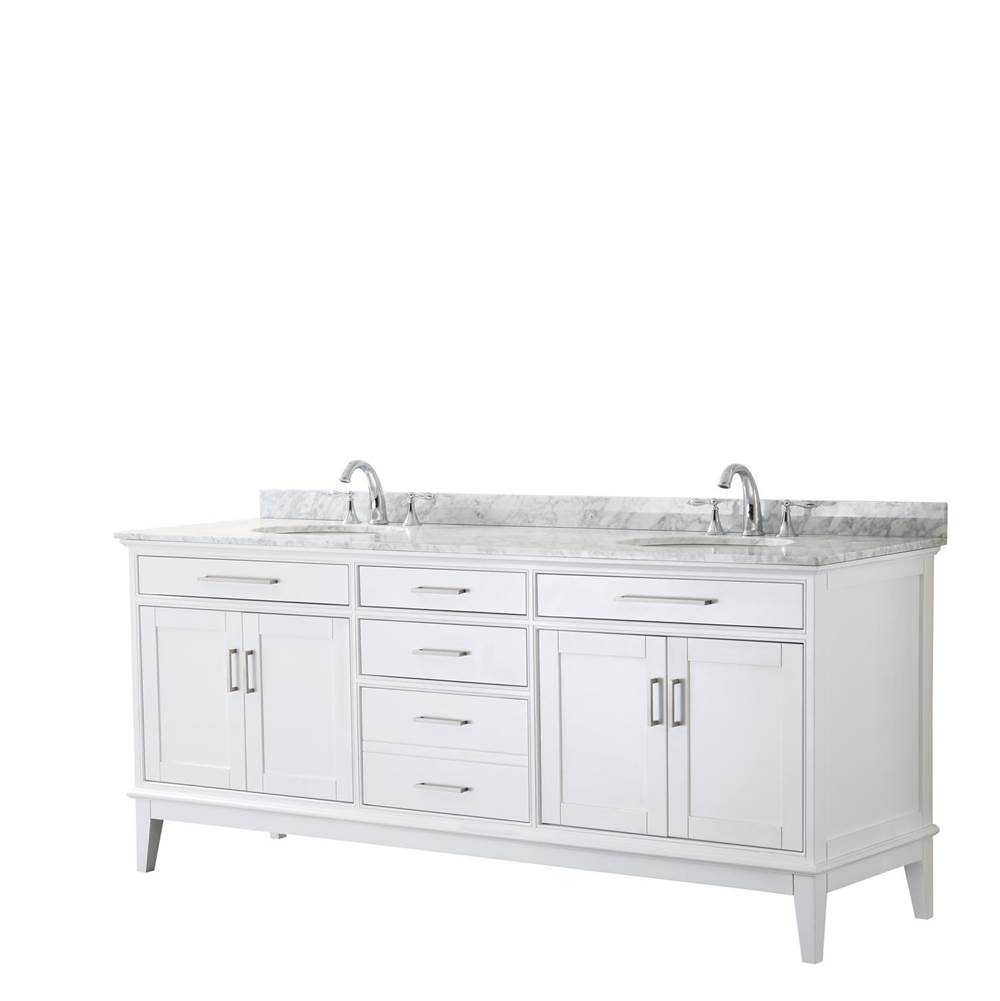 Wyndham Collection Margate 80 Inch Double Bathroom Vanity in White, White Carrara Marble Countertop, Undermount Oval Sinks, and No Mirror