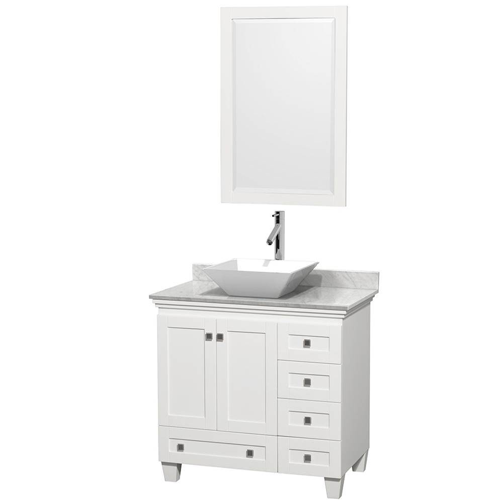 Wyndham Collection Acclaim 36 Inch Single Bathroom Vanity in White, White Carrara Marble Countertop, Pyra White Porcelain Sink, and 24 Inch Mirror