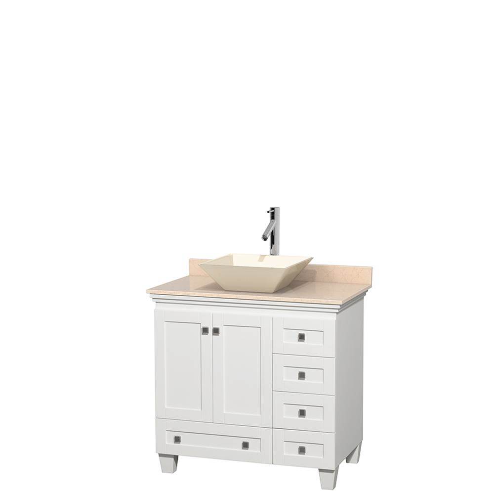 Wyndham Collection Acclaim 36 Inch Single Bathroom Vanity in White, Ivory Marble Countertop, Pyra Bone Porcelain Sink, and No Mirror