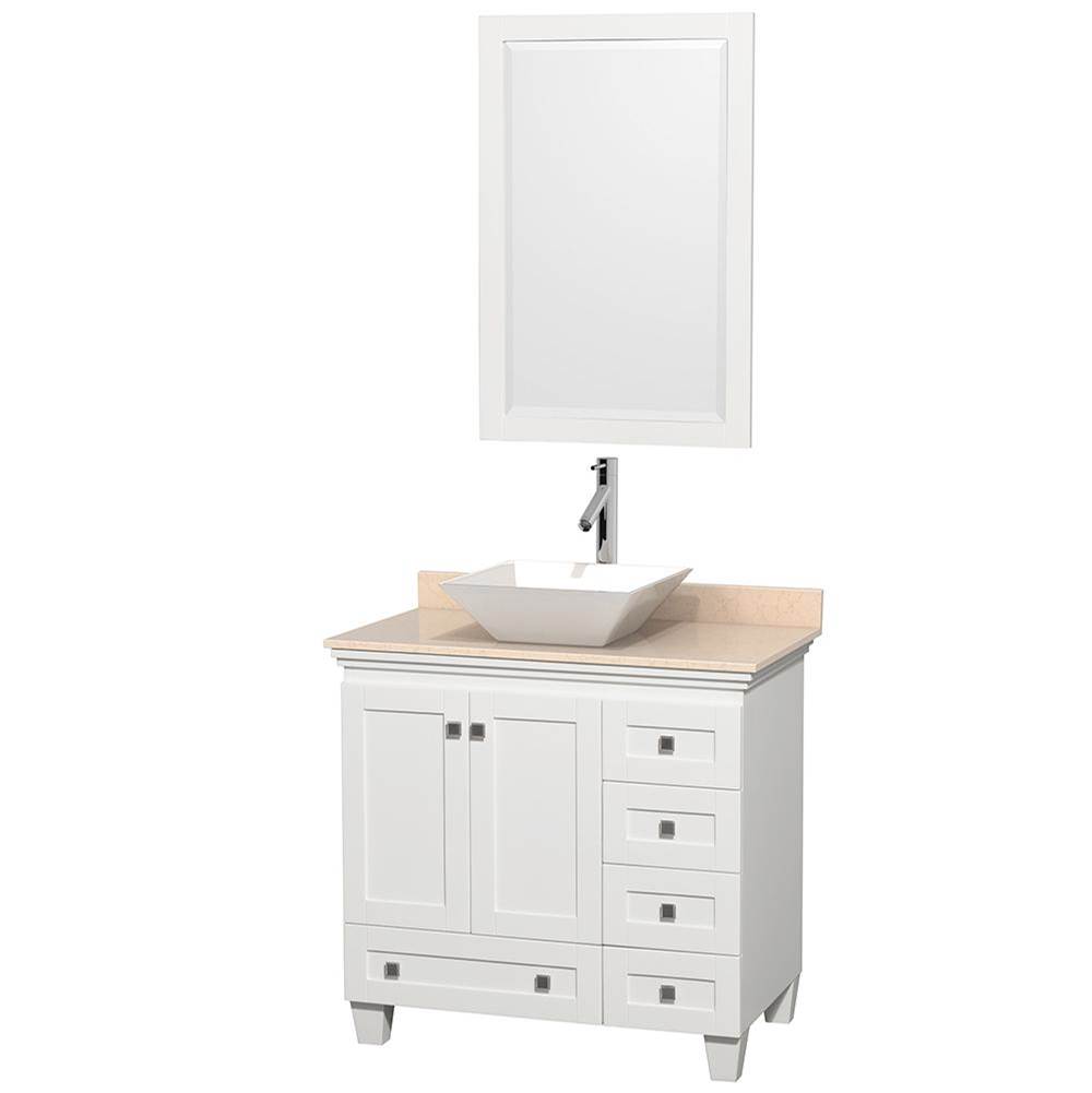 Wyndham Collection Acclaim 36 Inch Single Bathroom Vanity in White, Ivory Marble Countertop, Pyra White Porcelain Sink, and 24 Inch Mirror