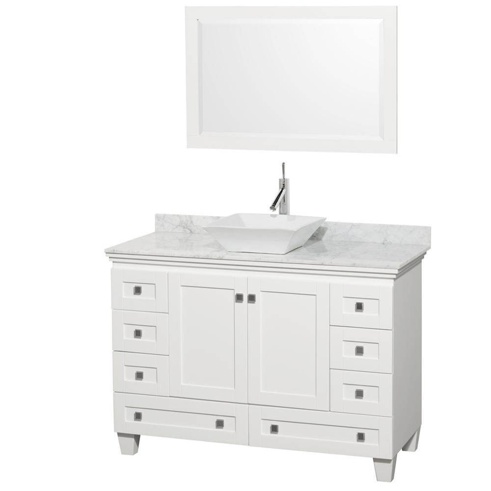 Wyndham Collection Acclaim 48 Inch Single Bathroom Vanity in White, White Carrara Marble Countertop, Pyra White Sink, and 24 Inch Mirror