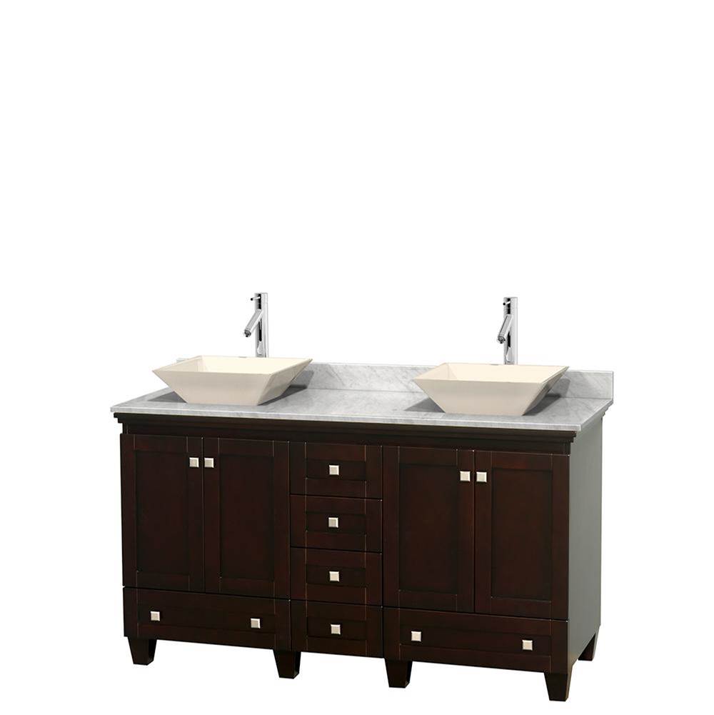 Wyndham Collection Acclaim 60 Inch Double Bathroom Vanity in Espresso, White Carrara Marble Countertop, Pyra Bone Sinks, and No Mirrors
