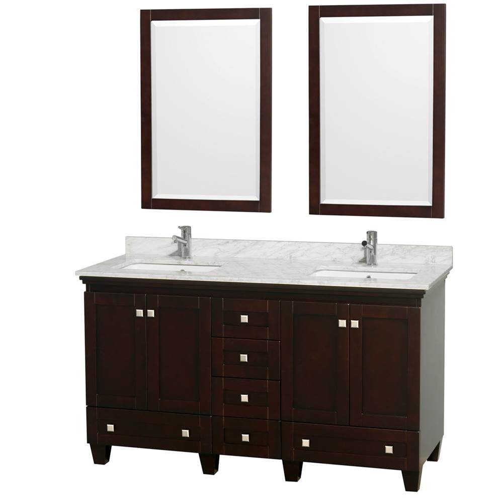 Wyndham Collection Acclaim 60 Inch Double Bathroom Vanity in Espresso, White Carrara Marble Countertop, Undermount Square Sinks, and 24 Inch Mirrors