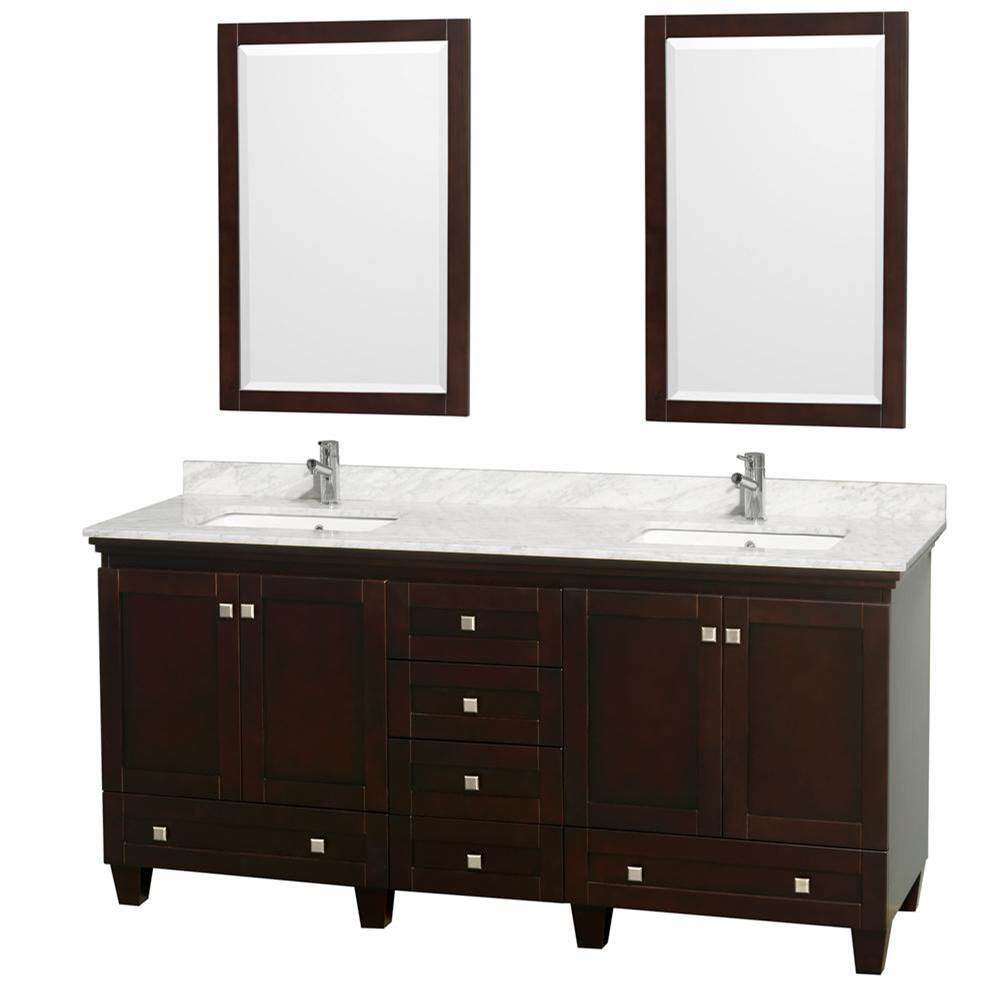 Wyndham Collection Acclaim 72 Inch Double Bathroom Vanity in Espresso, White Carrara Marble Countertop, Undermount Square Sinks, and 24 Inch Mirrors