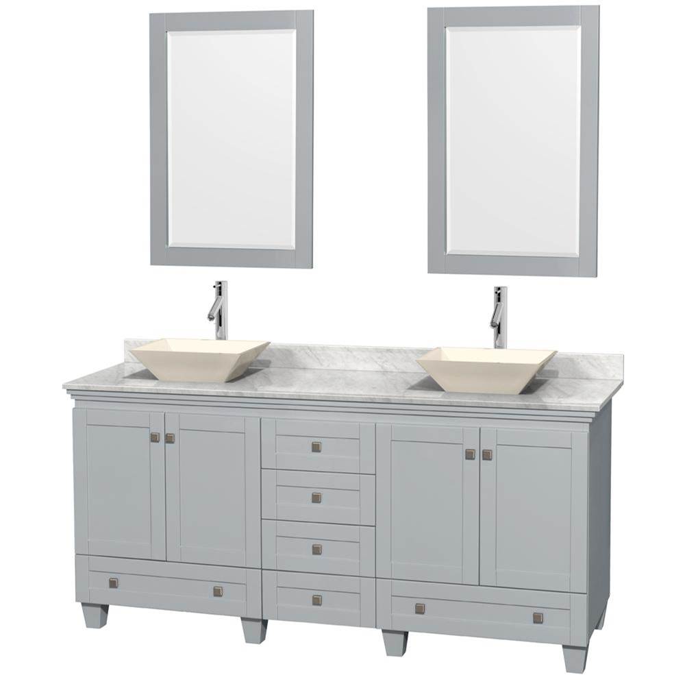 Wyndham Collection Acclaim 72 Inch Double Bathroom Vanity in Oyster Gray, White Carrara Marble Countertop, Pyra Bone Porcelain Sinks, and 24 Inch Mirrors