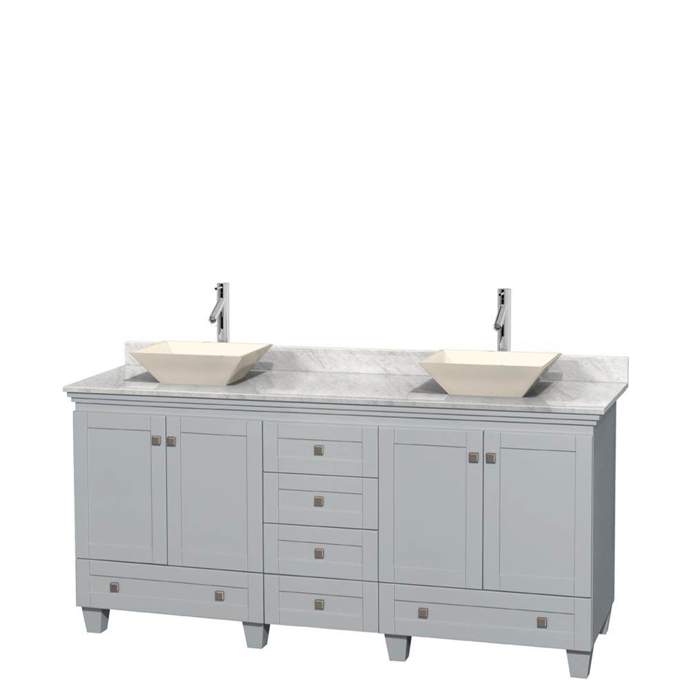 Wyndham Collection Acclaim 72 Inch Double Bathroom Vanity in Oyster Gray, White Carrara Marble Countertop, Pyra Bone Porcelain Sinks, and No Mirrors