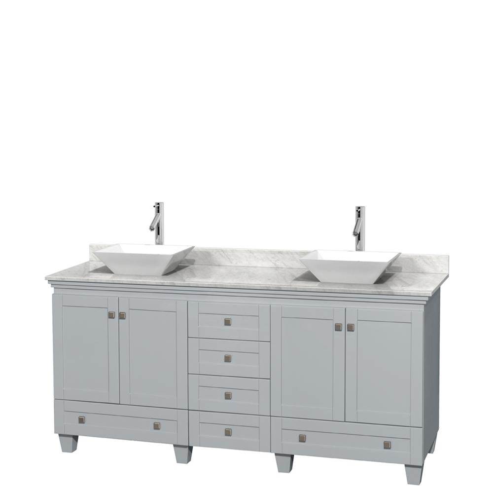 Wyndham Collection Acclaim 72 Inch Double Bathroom Vanity in Oyster Gray, White Carrara Marble Countertop, Pyra White Porcelain Sinks, and No Mirrors
