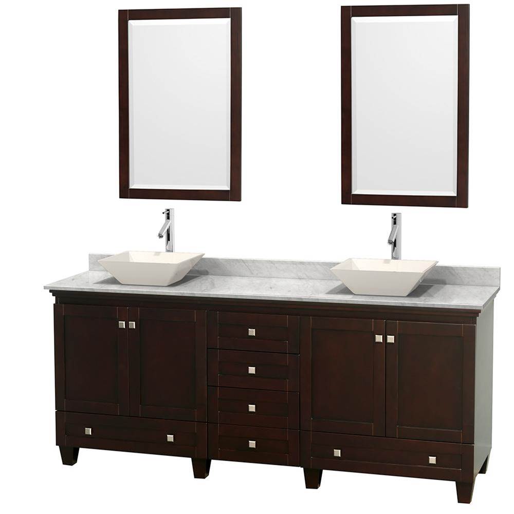Wyndham Collection Acclaim 80 Inch Double Bathroom Vanity in Espresso, White Carrara Marble Countertop, Pyra Bone Porcelain Sinks, and 24 Inch Mirrors