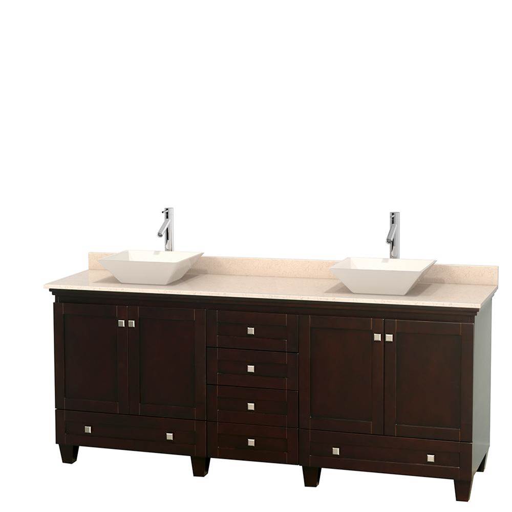 Wyndham Collection Acclaim 80 Inch Double Bathroom Vanity in Espresso, Ivory Marble Countertop, Pyra Bone Porcelain Sinks, and No Mirrors