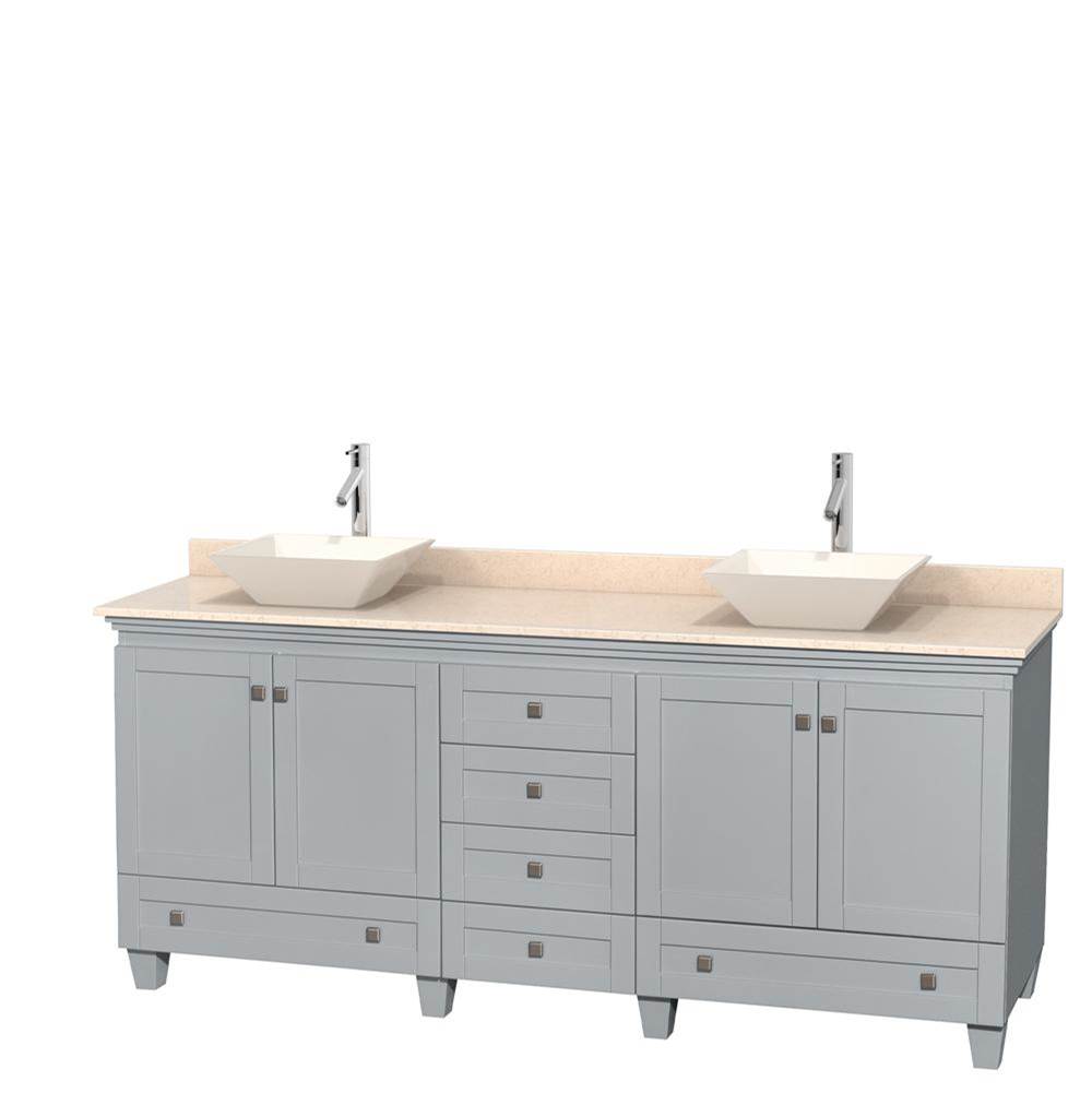 Wyndham Collection Acclaim 80 Inch Double Bathroom Vanity in Oyster Gray, Ivory Marble Countertop, Pyra Bone Porcelain Sinks, and No Mirrors