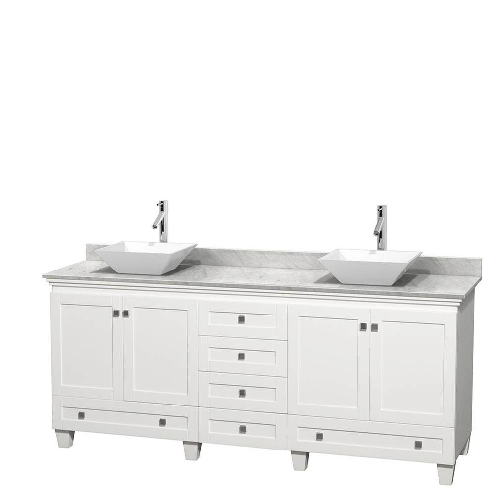 Wyndham Collection Acclaim 80 Inch Double Bathroom Vanity in White, White Carrara Marble Countertop, Pyra White Porcelain Sinks, and No Mirrors