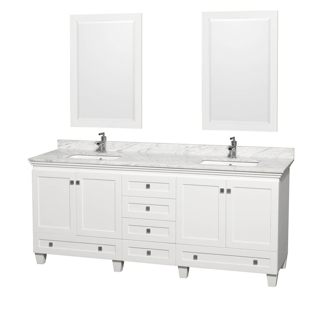 Wyndham Collection Acclaim 80 Inch Double Bathroom Vanity in White, White Carrara Marble Countertop, Undermount Square Sinks, and 24 Inch Mirrors