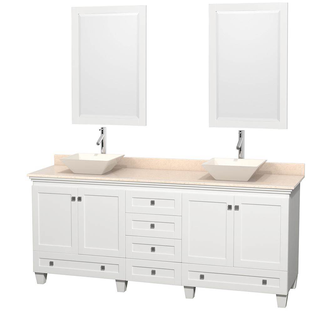 Wyndham Collection Acclaim 80 Inch Double Bathroom Vanity in White, Ivory Marble Countertop, Pyra Bone Porcelain Sinks, and 24 Inch Mirrors