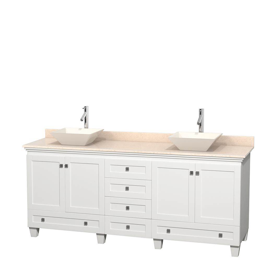 Wyndham Collection Acclaim 80 Inch Double Bathroom Vanity in White, Ivory Marble Countertop, Pyra Bone Porcelain Sinks, and No Mirrors