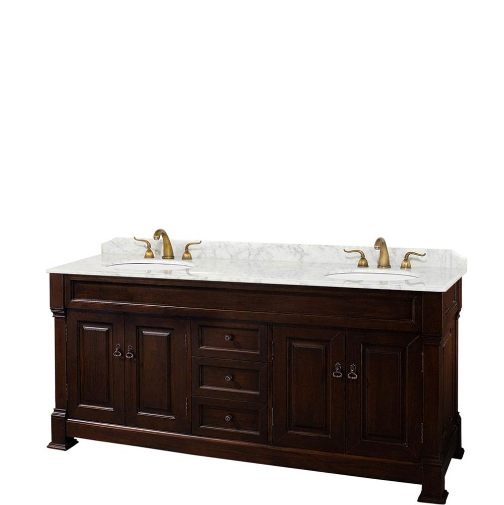 Wyndham Collection Andover 72 Inch Double Bathroom Vanity in Dark Cherry, White Carrara Marble Countertop, Undermount Oval Sinks, and No Mirror