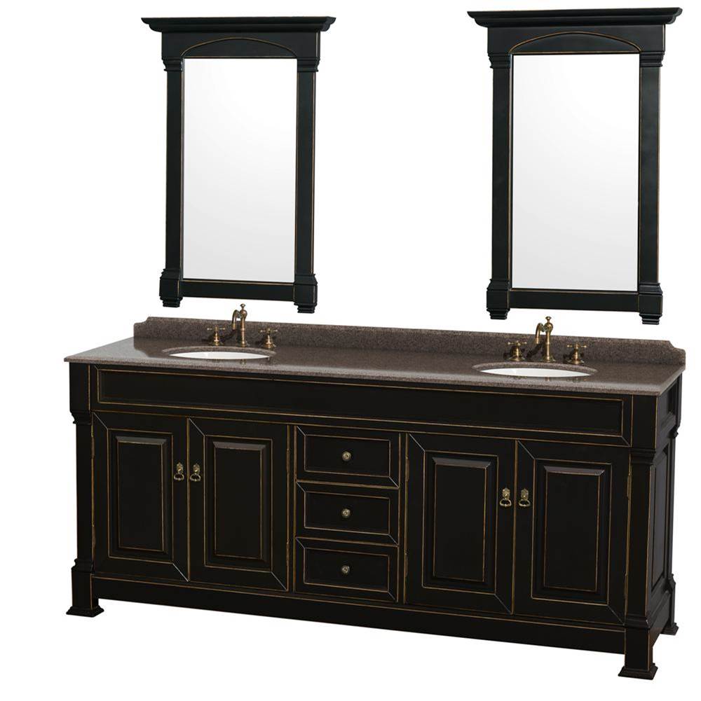 Wyndham Collection Andover 80 Inch Double Bathroom Vanity in Black, Imperial Brown Granite Countertop, Undermount Oval Sinks, and 28 Inch Mirrors