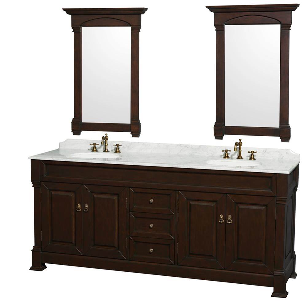 Wyndham Collection Andover 80 Inch Double Bathroom Vanity in Dark Cherry with White Carrara Marble Countertop, Undermount Oval Sinks, and 28 Inch Mirrors